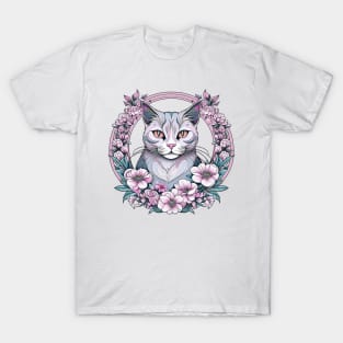 Pink Cat Floral Circle T-Shirt
